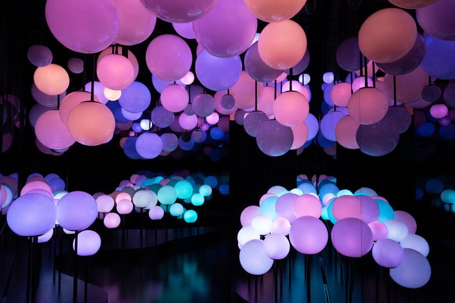 color-changing orbs hanging from the ceiling