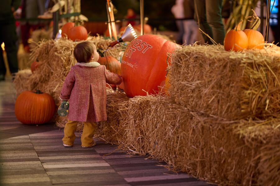 young child next to a stack of hay and pumpkins