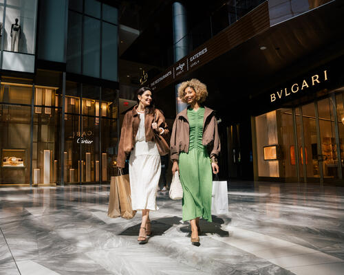 two women walking in the great room at Hudson yards carrying shopping bags