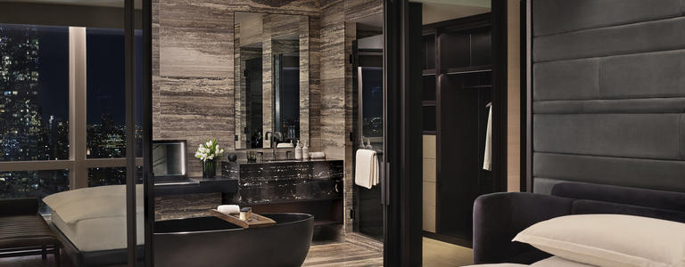 Interior shot of equinox hotel room and bathroom 