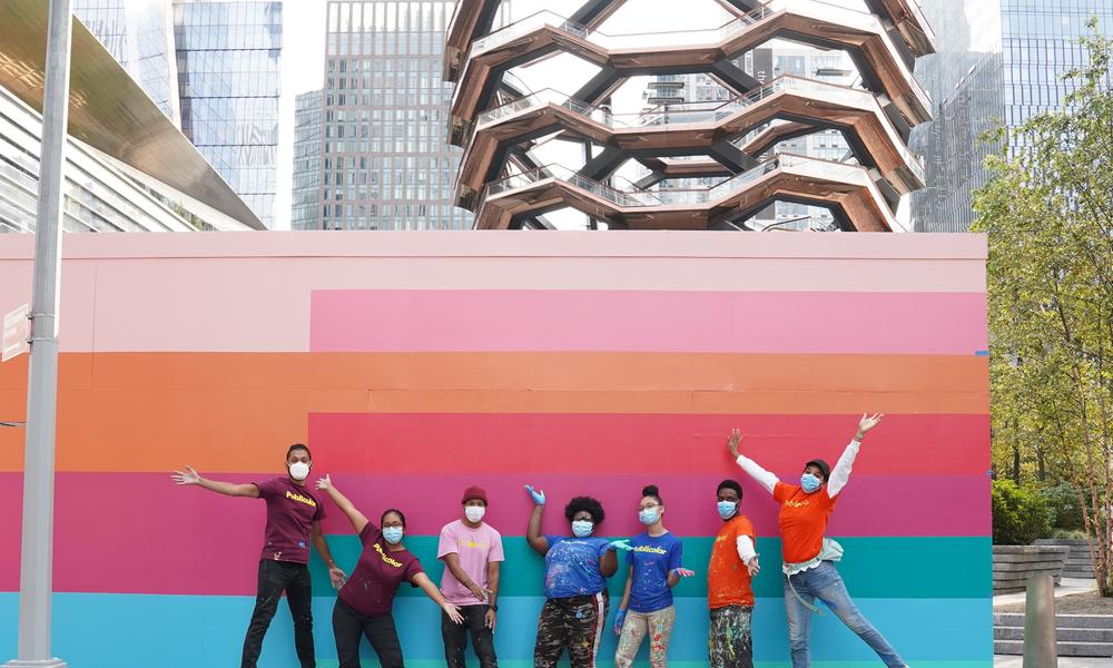 students with publicolor pain mural outside Hudson Yards 